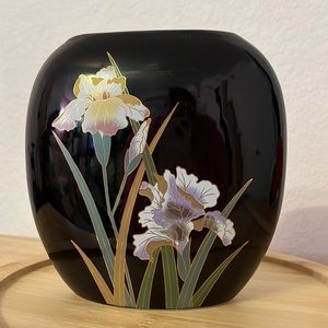 Vintage Otagiri black with gold trim “Crown Iris” hand-painted oval vase